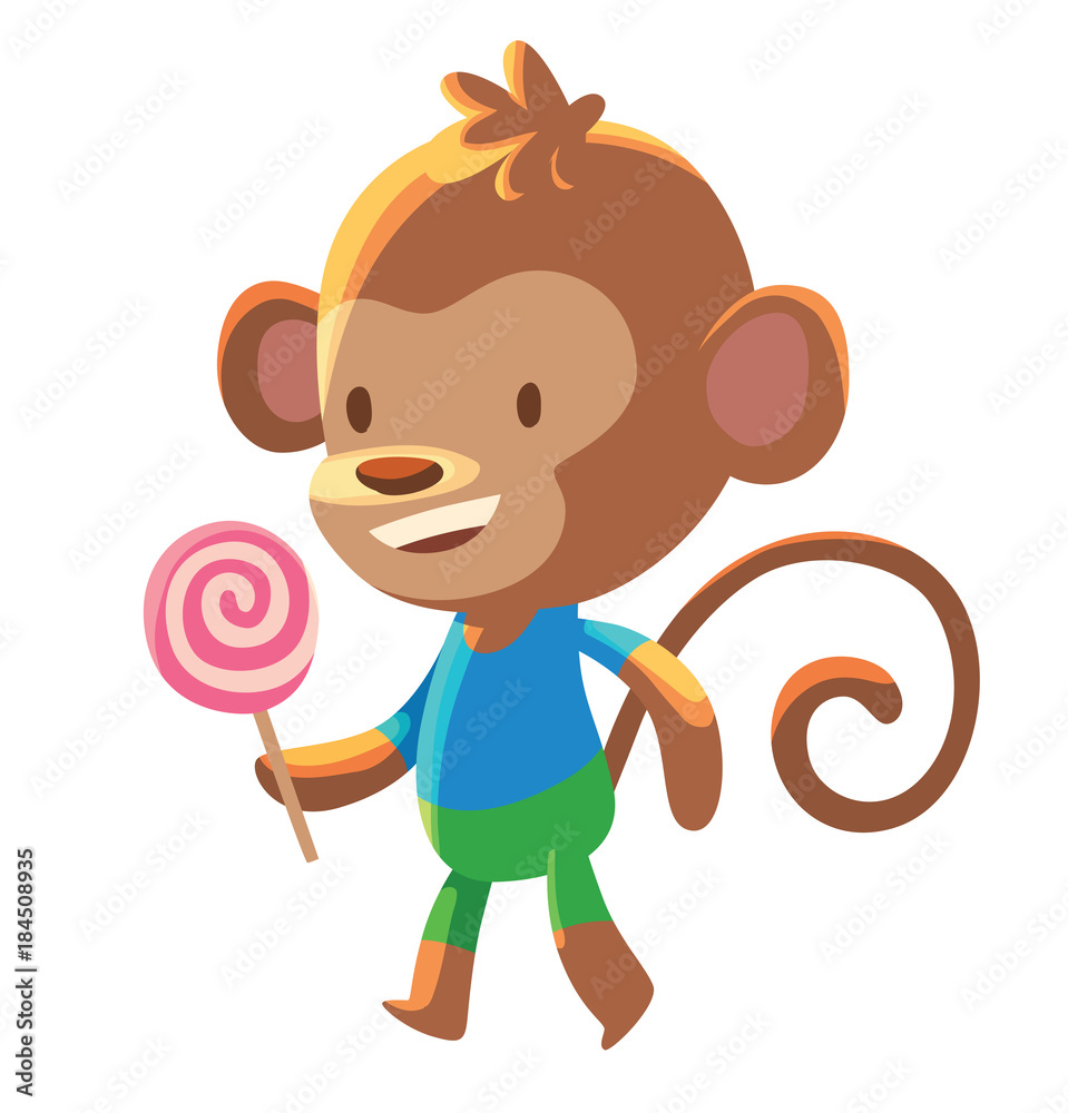 Vector cartoon image of a cute little brown monkey - schoolboy in green  shorts and a blue
