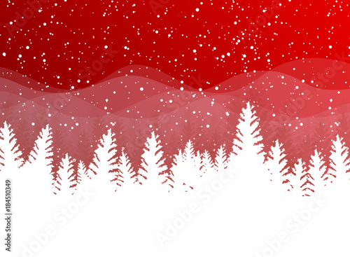 Christmas winter on red background. White snow with snowflakes on silver bright light. Christmas tree.