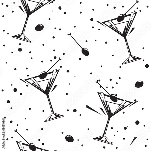 Drinks and beverages seamless background. Vector black and white Endless pattern with martini at black and white style
