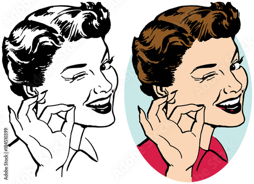 A woman winks and makes an okay gesture with her fingers
