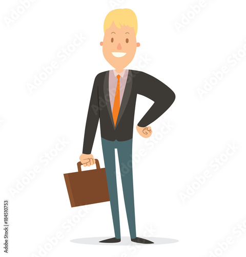 Vector cartoon image of a businessman with blond hair in blue trousers, black jacket and orange tie, with brown briefcase in his hand on a white background. Business illustration. Vector illustration.