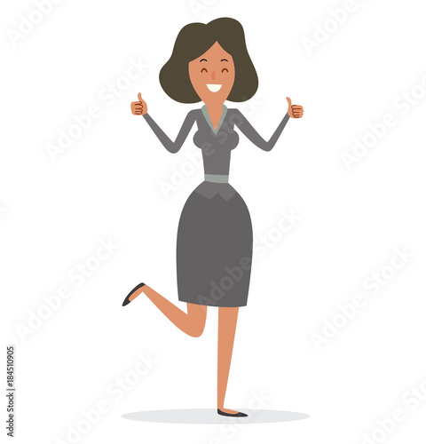 Vector cartoon image of a business woman with black hair in a gray skirt and gray blouse showing thumbs up and standing on one leg on a white background. Business illustration. Vector illustration.
