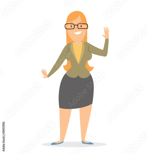 Vector cartoon image of a business woman with long orange hair in glasses, in black skirt and light brown jacket, standing and smiling on a white background. Business illustration. Vector illustration