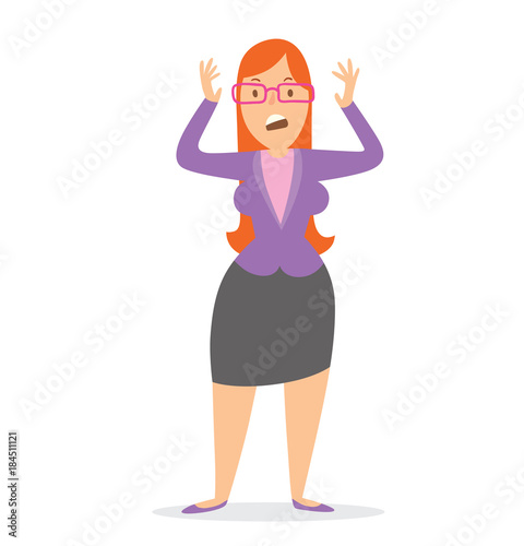 Vector cartoon image of a business woman with long red hair in glasses, in black skirt and purple jacket, is nervous and standing on a white background. Business illustration. Vector illustration.