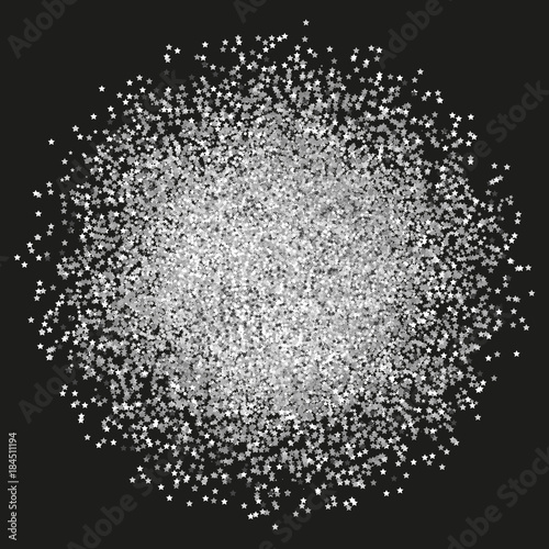 Silver sparkles and glittering powder spray. Sparkling glitter particles explosion on vector black transparent background. Golden star light shining or luxury fireworks and confetti outburst
