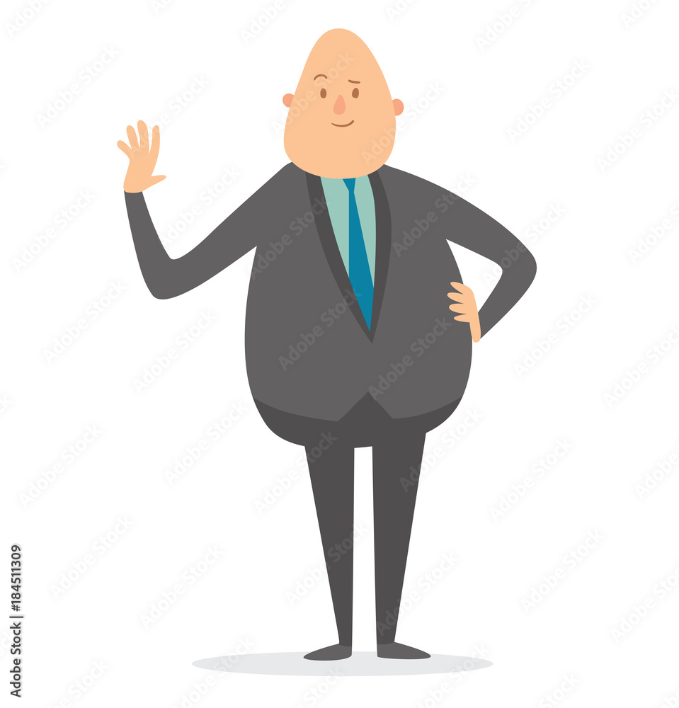 Vector cartoon image of a fat bald businessman in a gray suit, light blue  shirt and