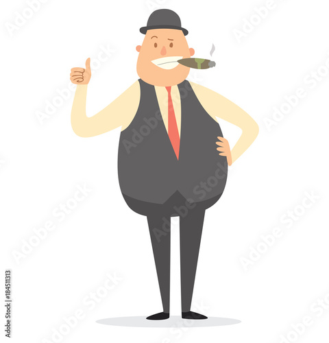 Vector cartoon image of a fat businessman in gray bowler hat, trousers, vest, white shirt and red tie with cigar in mouth, showing thumb on white background. Business illustration. Vector illustration