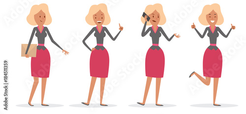 Vector cartoon image of a set of a business woman with fair hair in a pink skirt and black blouse in different poses, smiling, showing a thumbs, talking on a smartphone on a white background.