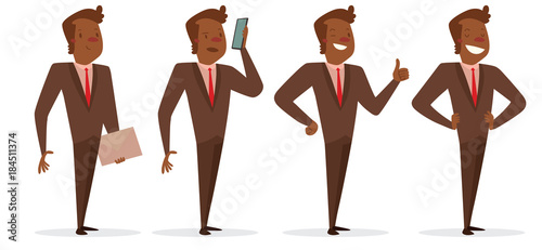 Vector cartoon image of a set of a black businessman with brown hair in a brown suit, in different poses, smiling, talking on a smartphone, showing a thumb, with a folder in hand on a white background