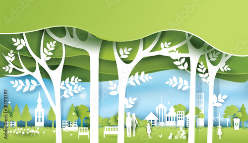 Green eco city and life paper art style, urban landscape and industrial factory buildings concept.vector illustration