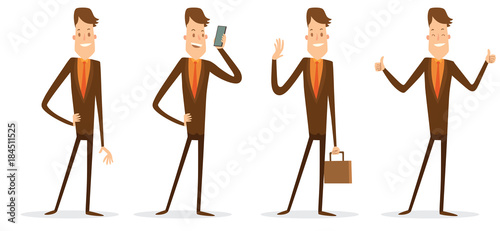 Vector cartoon image of a set of a thin businessman with brown hair in a brown suit, in different poses, smiling, talking on a smartphone, showing a thumbs, with a briefcase on a white background.