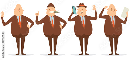 Vector cartoon image of a set of a fat bald businessman in a brown suit, hat in different poses, smiling, talking on a smartphone, with a cigar in his mouth on a white background. Vector illustration.