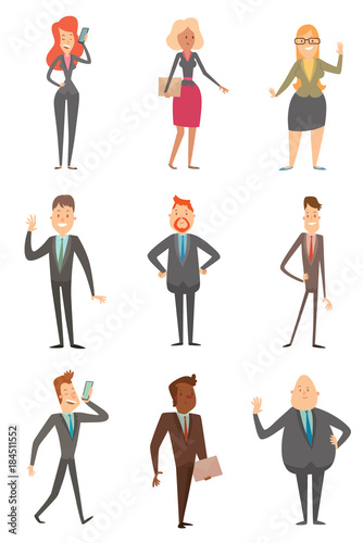 Vector cartoon image of a set of different business people in different clothes, with different attributes in their hands in different poses on a white background. Vector business illustration.