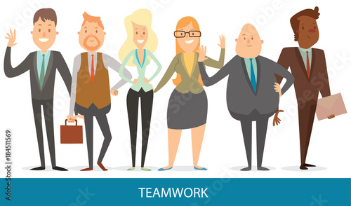 Vector cartoon image of a set of business people (men and women) with different looks and in different clothes, standing and smiling on a white background. Teamwork. Vector illustration.
