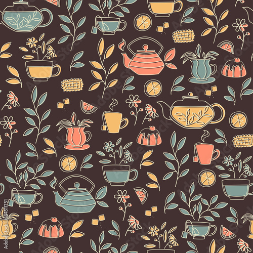 Background with Teapots, Cups, Lemon, Flowers and Leaves.
