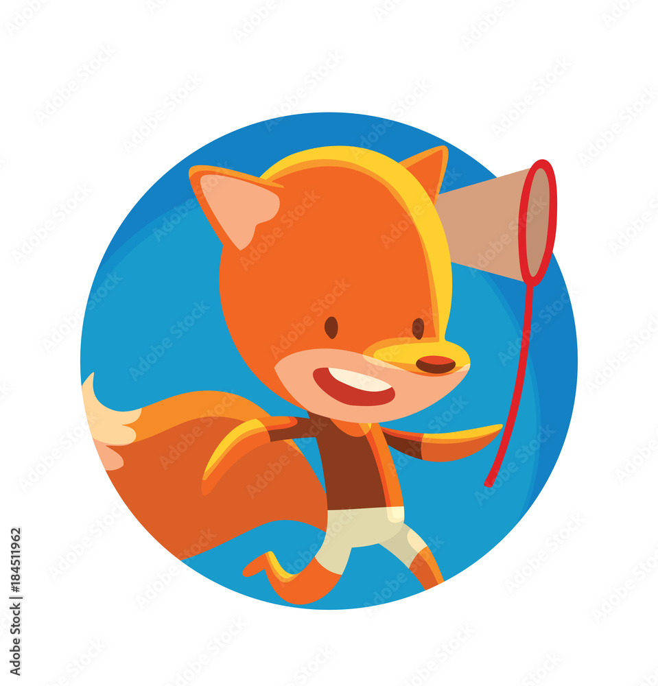 Vector image of a round blue frame with cartoon image of a cute little red fox in white shorts and brown t-shirt with a red butterfly net in his paw on a white background. Vector illustration. Vector image of a round blue frame with cartoon image of a cute little red fox in white shorts and brown t-shirt with a red butterfly net in his paw on a white background. Vector illustration.
