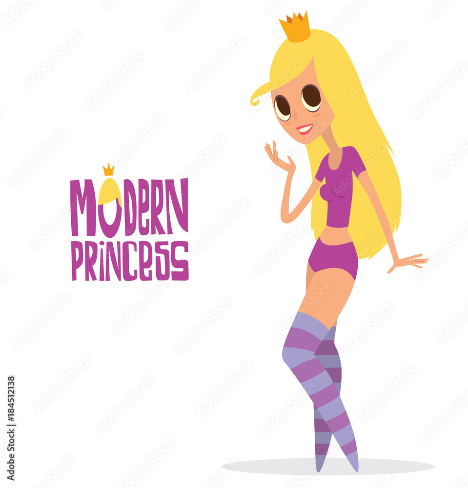 Vector cartoon image of a girl - a modern princess with big eyes, long blond hair in a purple shorts and t-shirt, and with a gold crown on her head, standing on a white background. Vector illustration