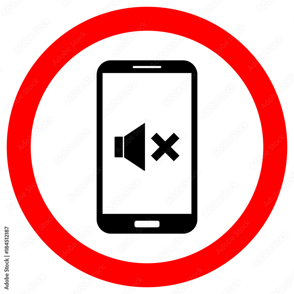 TURN OFF PHONE sign in red circle. Smartphone with NO SOUND icon