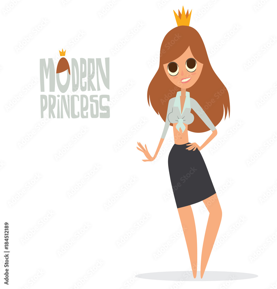 Vector cartoon image of a girl - modern princess with big eyes, brown hair in a black skirt, short white blouse and with a gold crown on her head, standing on a white background. Vector illustration. Vector cartoon image of a girl - modern princess with big eyes, brown hair in a black skirt, short white blouse and with a gold crown on her head, standing on a white background. Vector illustration.