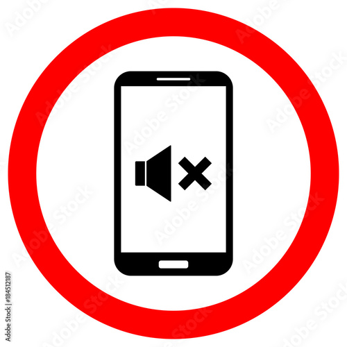 TURN OFF PHONE sign in red circle. Smartphone with NO SOUND icon on screen. Vector.