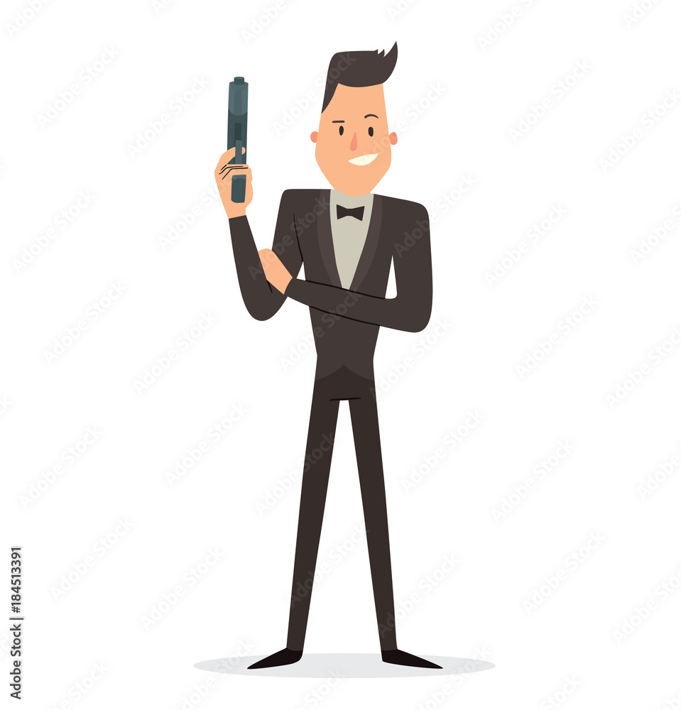 Vector cartoon image of a funny super agent with black hair in a black tuxedo, white shirt and black bow tie with a gray gun in his hand standing and smiling on a white background. Vector illustration Vector cartoon image of a funny super agent with black hair in a black tuxedo, white shirt and black bow tie with a gray gun in his hand standing and smiling on a white background. Vector illustration