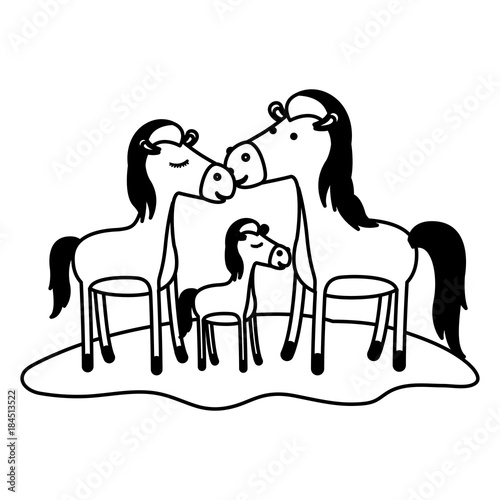 horses couple and foal over grass in black sections silhouette on white background vector illustration