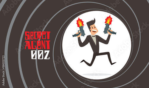 Vector image of a black background in the form of a gun barrel with a cartoon image of a secret agent in a black tuxedo with two submachine guns in his hands in the center. Spy. Vector illustration.