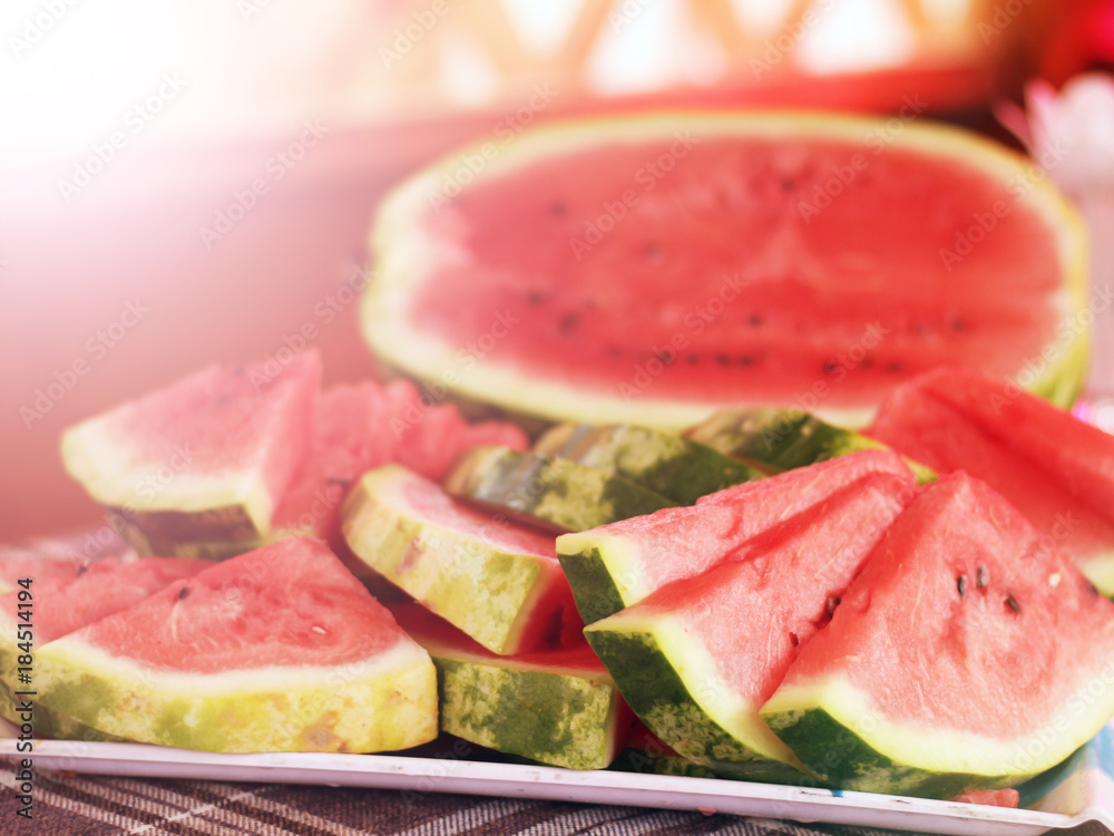Pieces of ripe watermelon in the sunshine