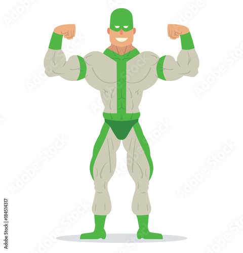 Vector cartoon image of a muscular man superhero in green mask in white-green suit and green boots standing in a pose bodybuilder and smiling on a white background. Vector illustration.