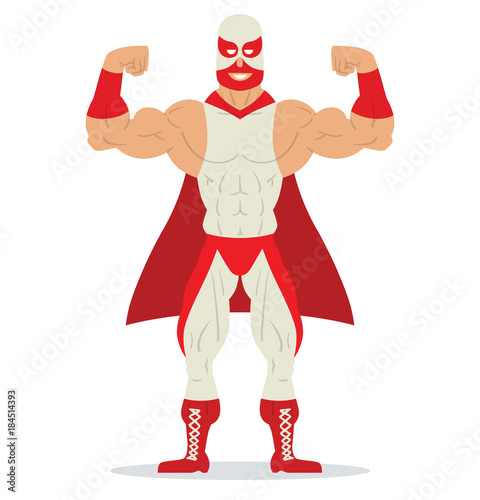 Vector cartoon image of a wrestler in red and white mask, red and white suit and red cloak standing in a pose bodybuilder and smiling on a white background. Wrestling. Flat image. Vector illustration.
