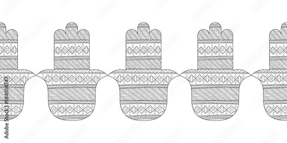 Hamsa hand. Black and white illustration for coloring page. Decorative ...