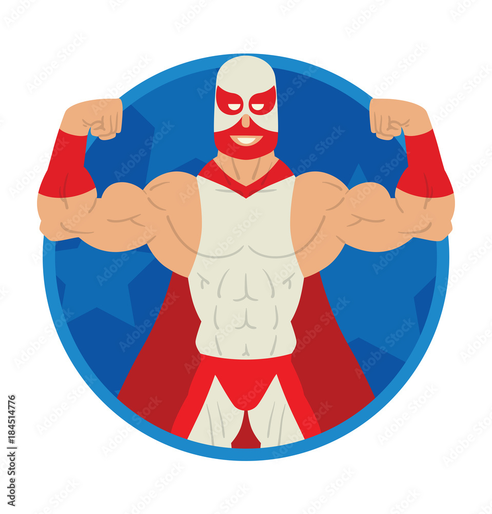 Vector image of a round blue frame with cartoon image of a wrestler in a red-white mask, white-red suit and red cloak in the center on a white background. Wrestling. Flat image. Vector illustrations. Vector image of a round blue frame with cartoon image of a wrestler in a red-white mask, white-red suit and red cloak in the center on a white background. Wrestling. Flat image. Vector illustrations.
