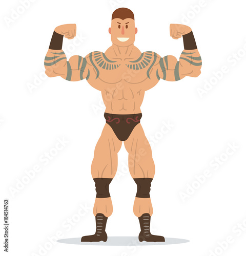 Vector cartoon image of a wrestler with tattoos in black shorts, knee pads and boots standing in the pose of a bodybuilder on a white background. Wrestling. Flat image. Vector illustration.