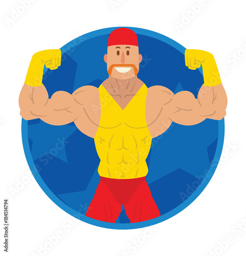 Vector image of a round blue frame with cartoon image of a wrestler in red bandana, pants and yellow t-shirt and gloves in the center on a white background. Wrestling. Flat image. Vector illustrations