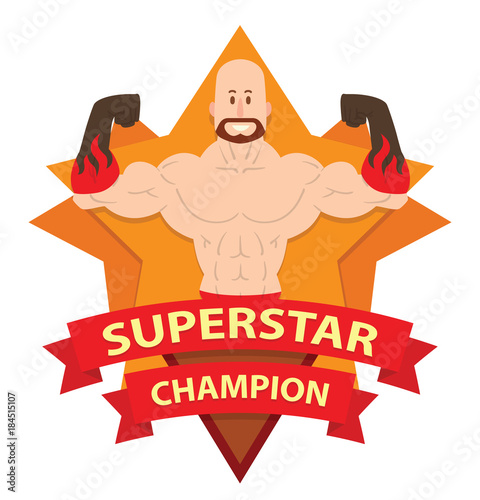 Vector image of frame as an orange star with red banners with inscription "Superstar Champion" and with cartoon image of a bald wrestler with a beard in the center on a white background. Wrestling.