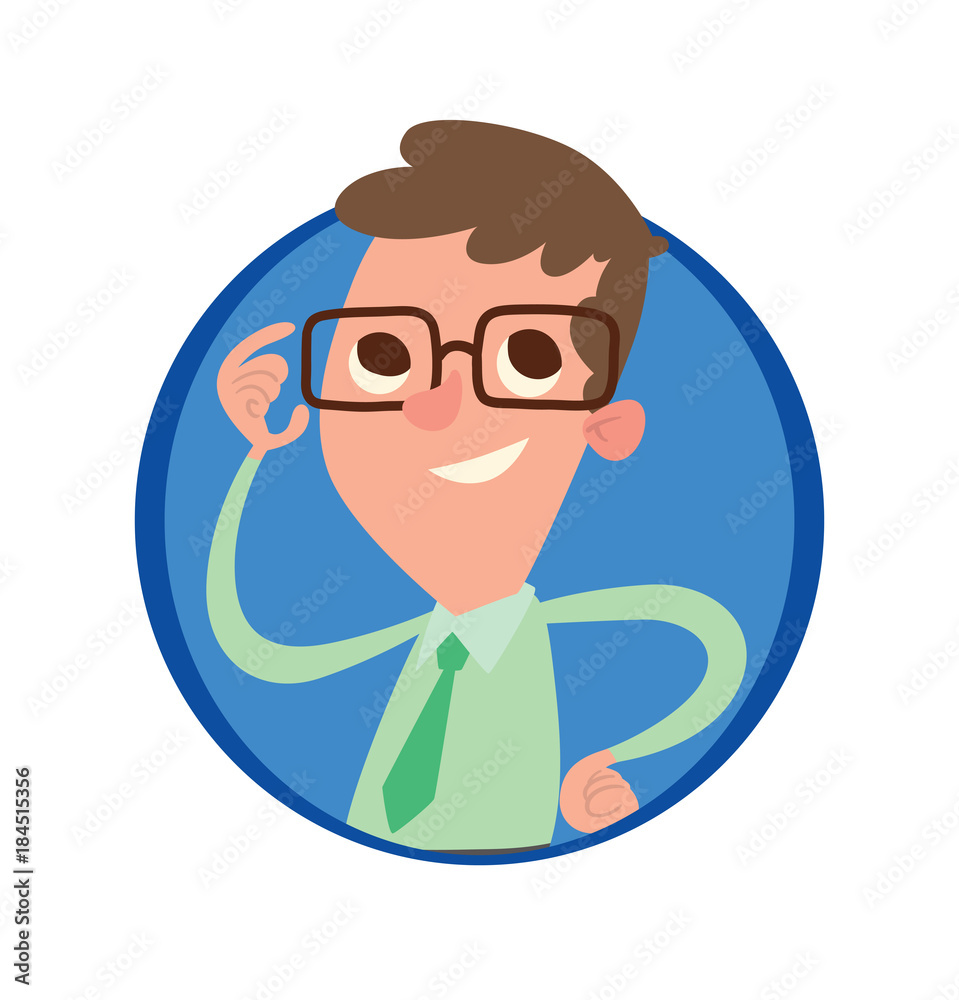 Vector image of a round blue frame with cartoon image of a funny little boy in glasses with brown hair in a light green shirt and green tie smiling in the center on a white background.