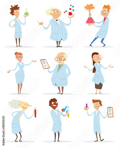 Vector cartoon image of a set of scientists (men and women) in light blue lab coats with different attributes in their hands and in various poses on a white background. Science. Vector illustration.
