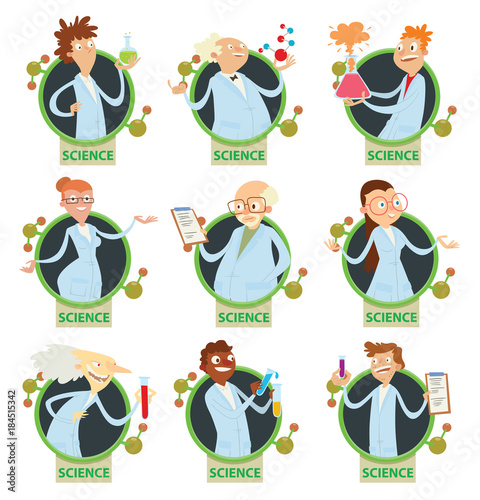 Vector set of round black and green frames with cartoon image of scientists (men and women) in a light blue lab coats in the center on a white background. Science, experiments. Vector illustration.