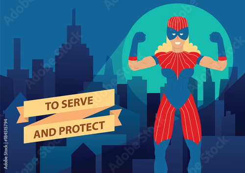Vector cartoon image of a woman superhero. Superhero with blonde hair in blue mask, red-blue suit. Superhero standing on the background of night city. Banner. Vector illustration of a woman superhero.