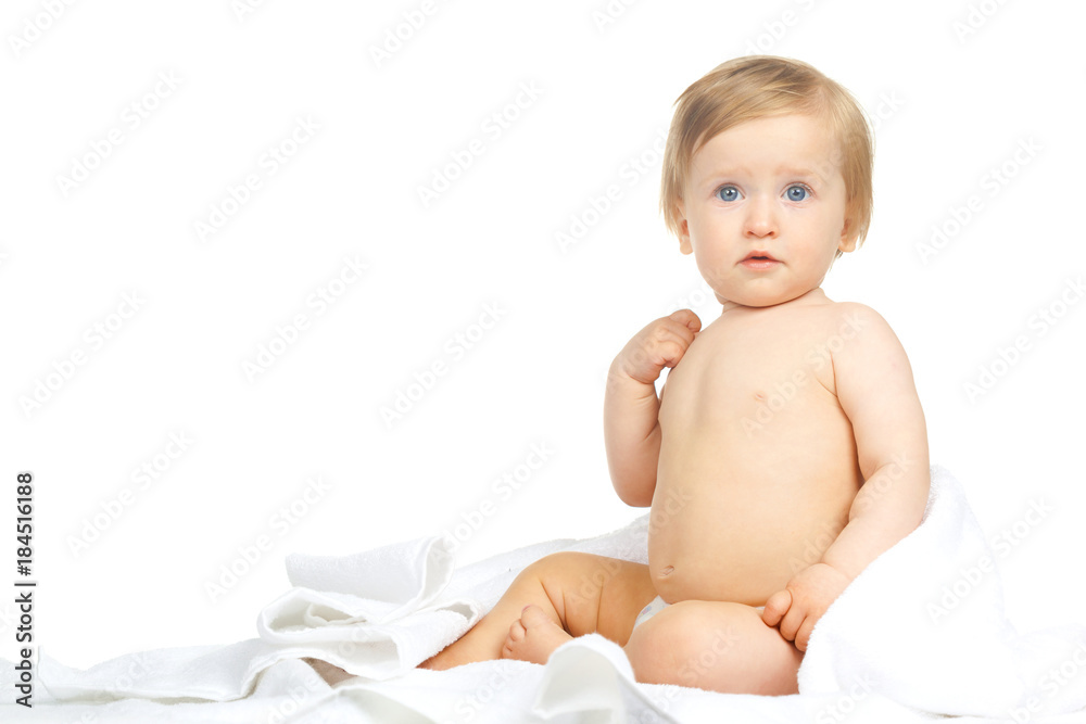 Caucasian baby covered with towel isolated on white background Caucasian baby covered with towel isolated on white background