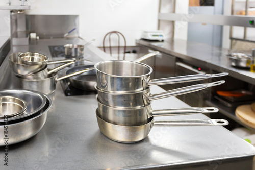 Metal dishes in a restaurant kitchen