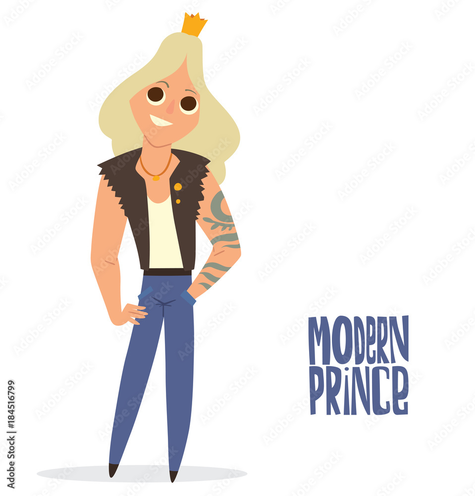 Vector cartoon image of a modern prince. Man with long blonde hair. Man in blue jeans, black vest and gold crown. Prince with tattoos smiling on white background. Vector illustration of a prince. Vector cartoon image of a modern prince. Man with long blonde hair. Man in blue jeans, black vest and gold crown. Prince with tattoos smiling on white background. Vector illustration of a prince.