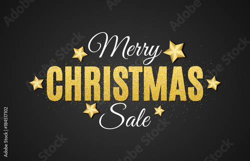Background for Christmas sale. The text is from gold glitters on a black background. Big sale. Golden stars. Vector