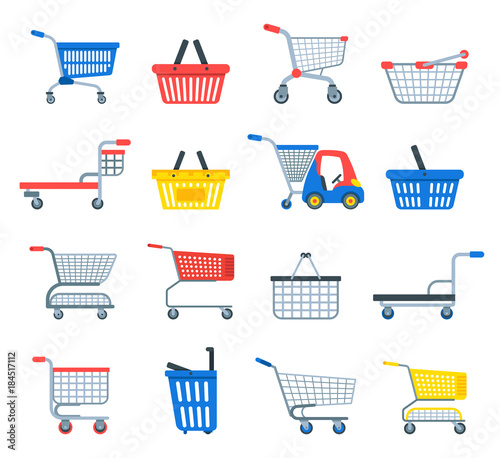 Shopping cart vector shop pushcart trolley shopper or carter with empty basket and bag buy in store illustration isolated on white background