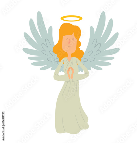 Vector cartoon image of a female angel. Female angel with blond hair in a white chasuble. Angel with big white wings and a golden halo over her head. Angel with eyes closed and hands folded in prayer.