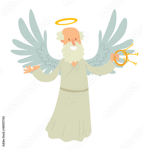 Vector cartoon image of a old male angel. Old male angel with gray hair and beard in white chasuble. Angel with big white wings and a golden halo over his head. Angel with keys in his hand. St. Peter.