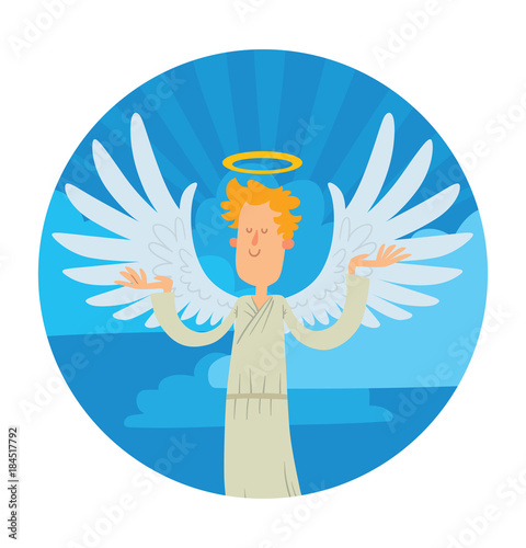 Vector blue heaven round frame. Heaven frame with cartoon image of a male angel. Male angel with blond curly hair in a white chasuble. Angel with big white wings and a golden halo over his head.