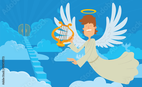 Vector cartoon image of a male angel on a background of heaven. Angel with brown hair, with lira in a white chasuble. Blue background with clouds, angels, stairs and gates. Angel with a halo over head