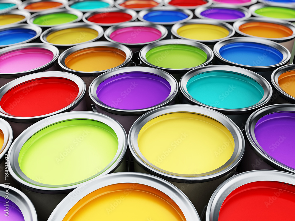 Multi colored paint cans background. 3D illustration Multi colored paint cans background. 3D illustration