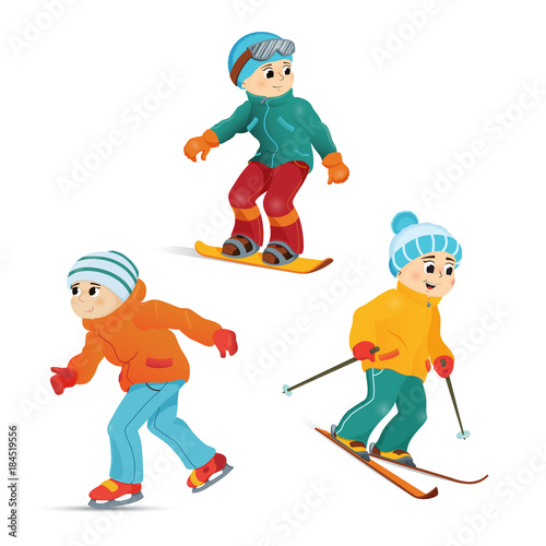 Teen boys skiing, snowboarding and ice skating